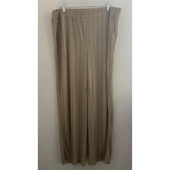Belle Kim‎ Gravel Pants Womens 1X Tan Striped Pull On Wide Leg Casual Stretch - Picture 1 of 12